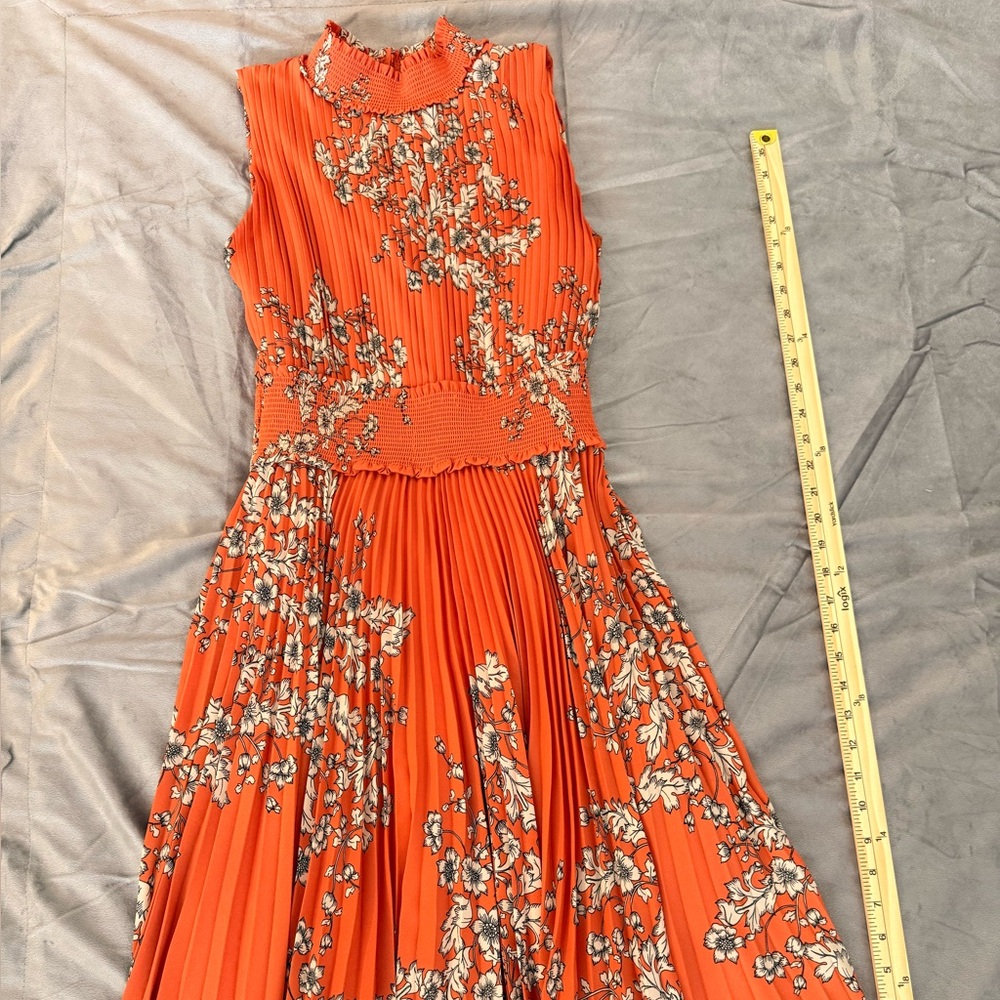 Nanette Nanette Lepore Pleated Orange Floral Mock Neck Midi Dress - Size 8